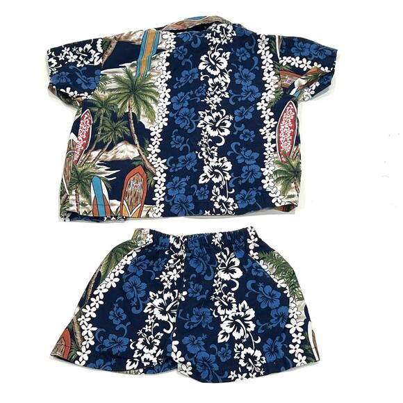 KYS HAWAII Blue Hibiscus Surfboard Palm Tree Print Button Down Shirt & Shorts - Picture 5 of 5
